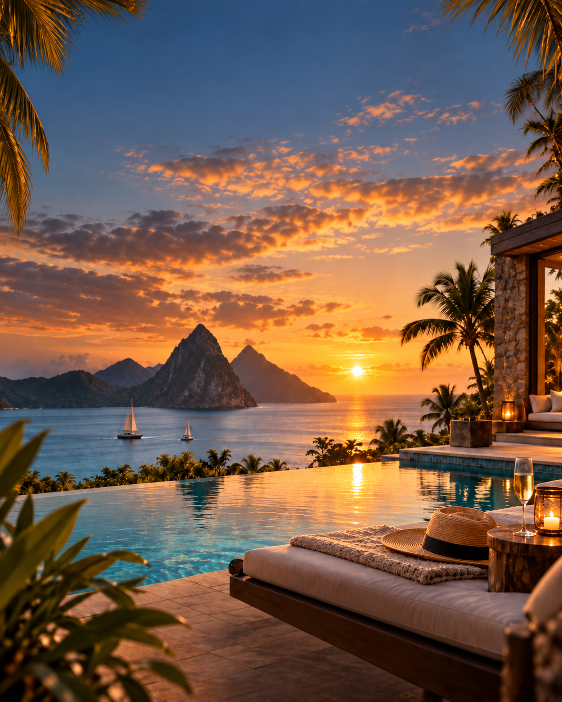 Luxury villa infinity pool overlooking the Pitons in St. Lucia at sunset